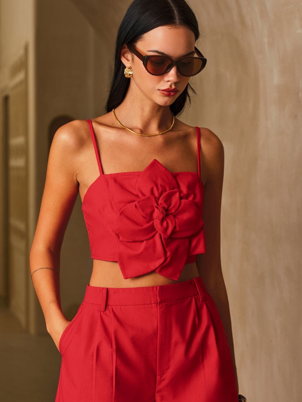 3D Flower Cotton Linen Cami Top & Shorts Se